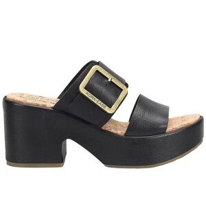 Kork Ease Taige Black Leather Cork Heel Sandals Size 10